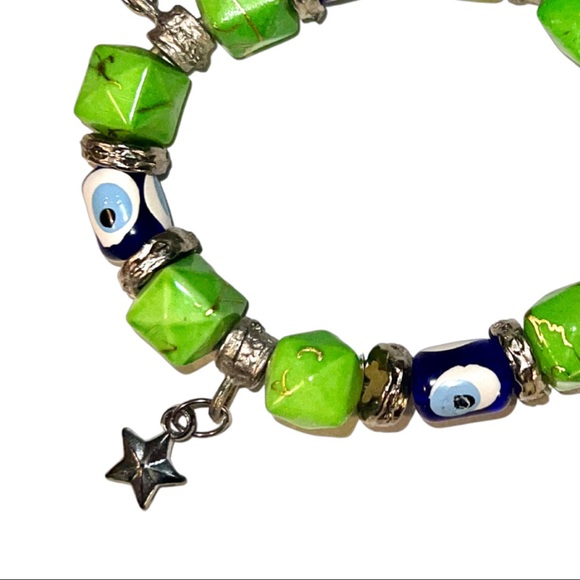 VTG Jasper, Silver Sea Glass Evil Eye Beaded Bracelet - Picture 7 of 13